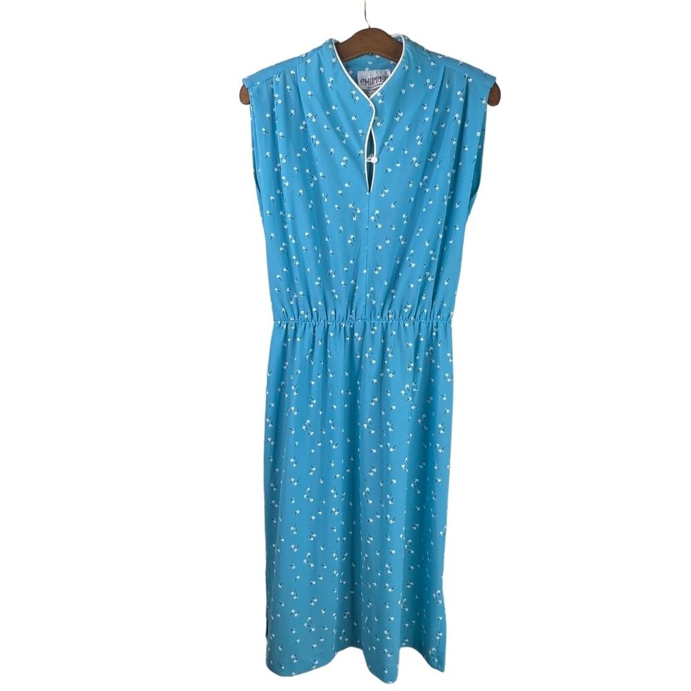 Chipper California Vintage 60s Dress Size Small Sleeveless Floral Tie Waist Blue